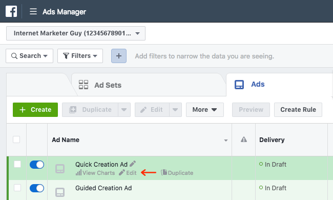 Facebook Ads - Business Manager - Ads Manager - Ads - Quick Creation Campaign - Draft - Edit