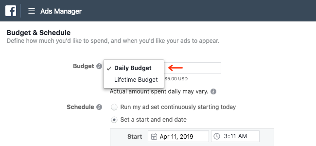 Facebook Ads - Business Manager - Ads Manager - Guided Creation - Create Ad Set - Budget and Schedule - Budget Type Expanded