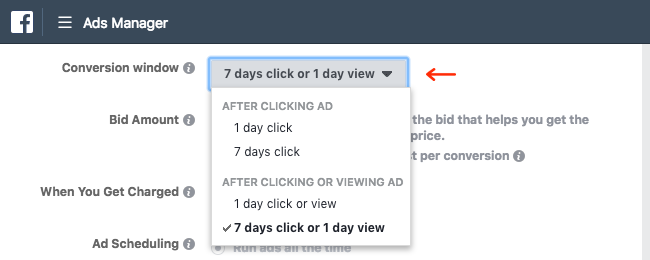 Facebook Ads - Business Manager - Ads Manager - Guided Creation - Create Ad Set - Budget and Schedule - Optimization - Conversions - Conversion Window - Expanded - 7 Days Click or 1 Day View Highlighted