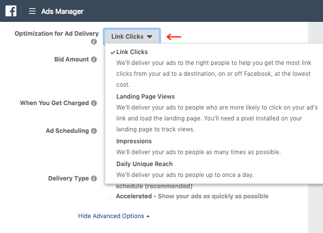 Facebook Ads - Business Manager - Ads Manager - Guided Creation - Create Ad Set - Budget and Schedule - Optimization - Expanded - Link Clicks Highlighted