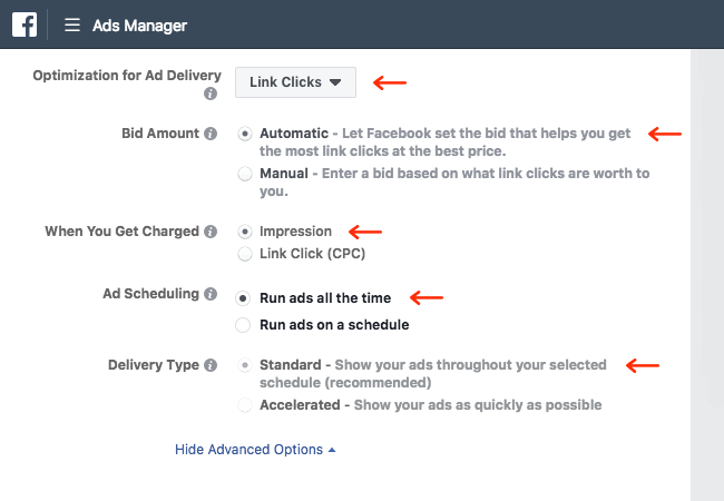 Facebook Ads - Business Manager - Ads Manager - Guided Creation - Create Ad Set - Budget and Schedule - Optimization - Link Clicks