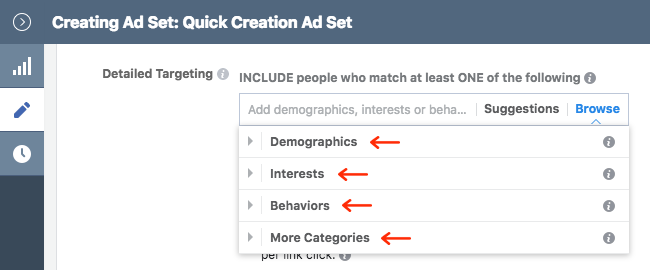 Facebook Ads - Business Manager - Ads Manager - Quick Creation - Edit - Creating Ad Set - Audience - Detailed Targeting - Browse Expanded