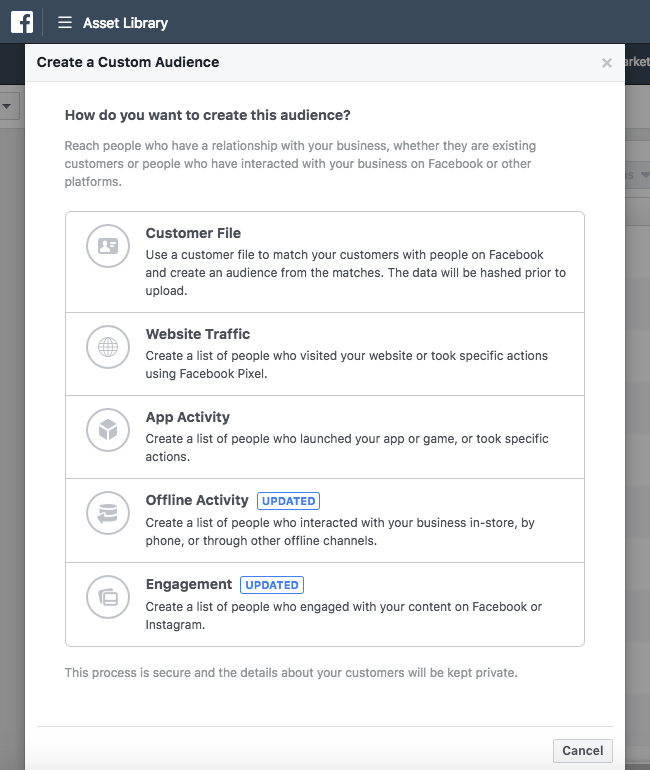 Facebook Ads - Business Manager - Asset Library - Audiences - Create a Custom Audience - Choose Source