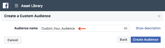 Facebook Ads - Business Manager - Asset Library - Audiences - Create a Custom Audience - Website Traffic - Audience Name - Create Audience