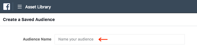 Facebook Ads - Business Manager - Asset Library - Audiences - Create a Saved Audience - Audience Name
