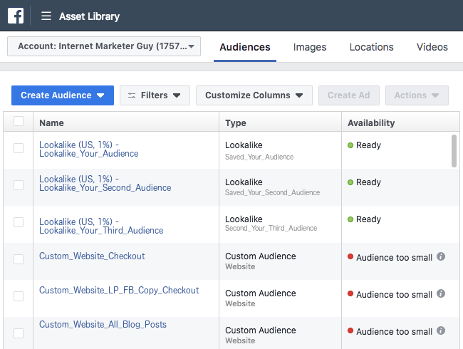 Facebook Ads - Business Manager - Asset Library - Audiences - List of Lookalike Audiences