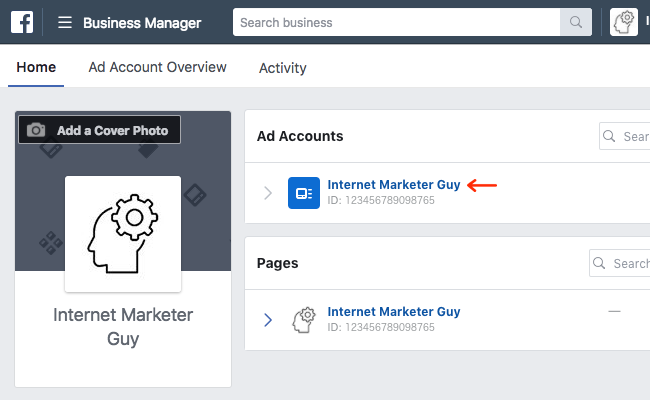 Business Manager - Home - Arrow to Ad Account