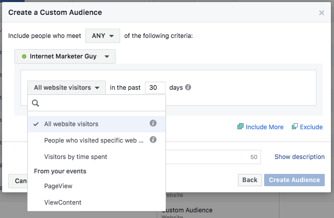 Facebook Pixel - Asset Library - Create a Custom Audience - All Options Visible