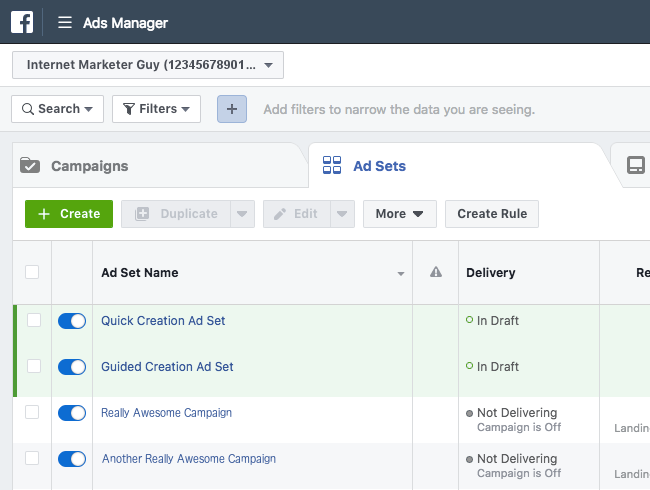 Facebook Ads - Business Manager - Ads Manager - Ad Sets