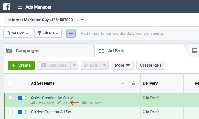 Facebook Ads - Business Manager - Ads Manager - Ad Sets - Quick Creation Campaign - Draft - Edit