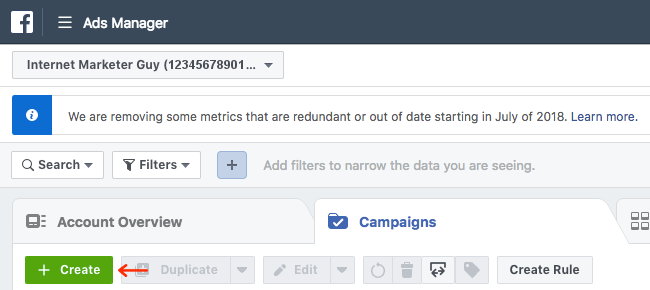Facebook Ads - Business Manager - Ads Manager - Arrow to Create Button