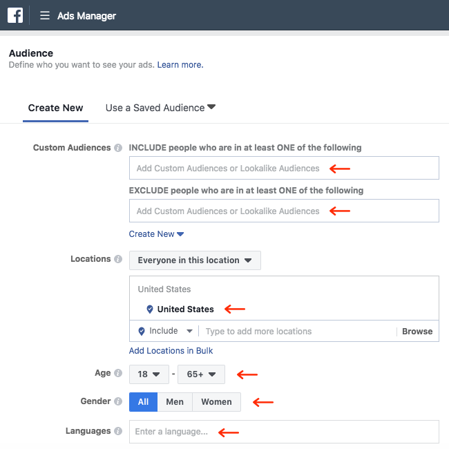 Facebook Ads - Business Manager - Ads Manager - Guided Creation - Create Ad Set - Audience - Create New