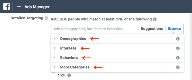 Facebook Ads - Business Manager - Ads Manager - Guided Creation - Create Ad Set - Audience - Detailed Targeting - Browse Expanded