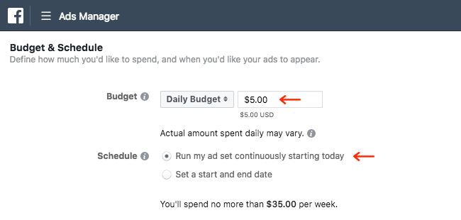 Facebook Ads - Business Manager - Ads Manager - Guided Creation - Create Ad Set - Budget and Schedule - Daily Budget - Run Continuously