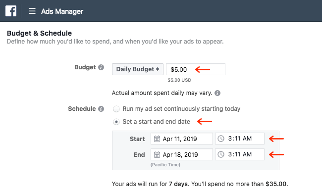 Facebook Ads - Business Manager - Ads Manager - Guided Creation - Create Ad Set - Budget and Schedule - Daily Budget - Start and End Date