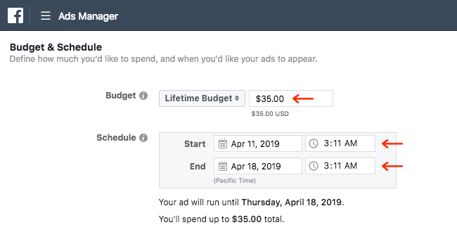 Facebook Ads - Business Manager - Ads Manager - Guided Creation - Create Ad Set - Budget and Schedule - Lifetime Budget - Start and End Date