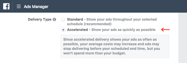 Facebook Ads - Business Manager - Ads Manager - Guided Creation - Create Ad Set - Budget and Schedule - Optimization - Bid Amount - Automatic - Delivery Type - Accelerated