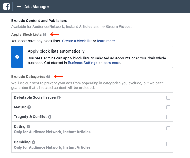 Facebook Ads - Business Manager - Ads Manager - Guided Creation - Create Ad Set - Placements - Edit Placements - Exclude Content and Publishers Expanded