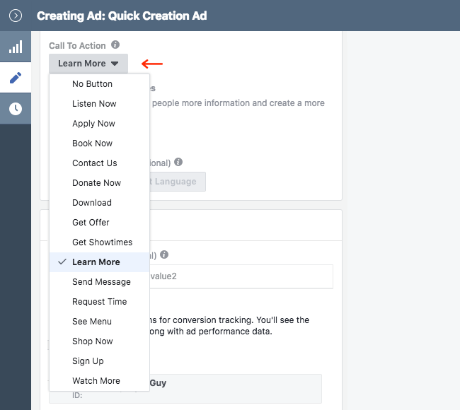 Facebook Ads - Business Manager - Ads Manager - Quick Creation - Edit - Creating Ad - Create Ad - Call to Action - Expanded - Learn More Highlighted