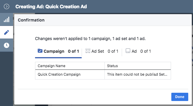Facebook Ads - Business Manager - Ads Manager - Quick Creation - Edit - Creating Ad - Create Ad - Publish - Not Completed - Confirmation