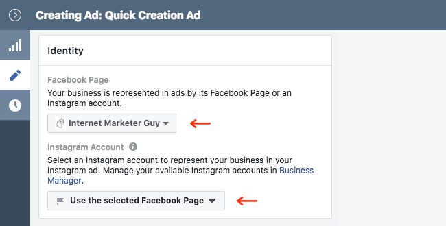 Facebook Ads - Business Manager - Ads Manager - Quick Creation - Edit - Creating Ad - Identity