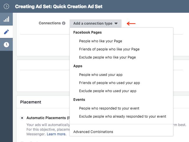 Facebook Ads - Business Manager - Ads Manager - Quick Creation - Edit - Creating Ad Set - Audience - Connections Expanded
