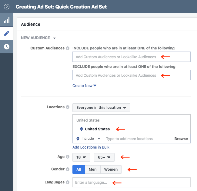 Facebook Ads - Business Manager - Ads Manager - Quick Creation - Edit - Creating Ad Set - Audience - New Audience