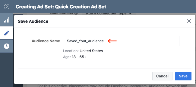Facebook Ads - Business Manager - Ads Manager - Quick Creation - Edit - Creating Ad Set - Audience - Save Audience