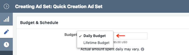 Facebook Ads - Business Manager - Ads Manager - Quick Creation - Edit - Creating Ad Set - Budget and Schedule - Budget Type Expanded