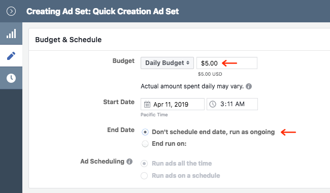 Facebook Ads - Business Manager - Ads Manager - Quick Creation - Edit - Creating Ad Set - Budget and Schedule - Daily Budget - Run Continuously