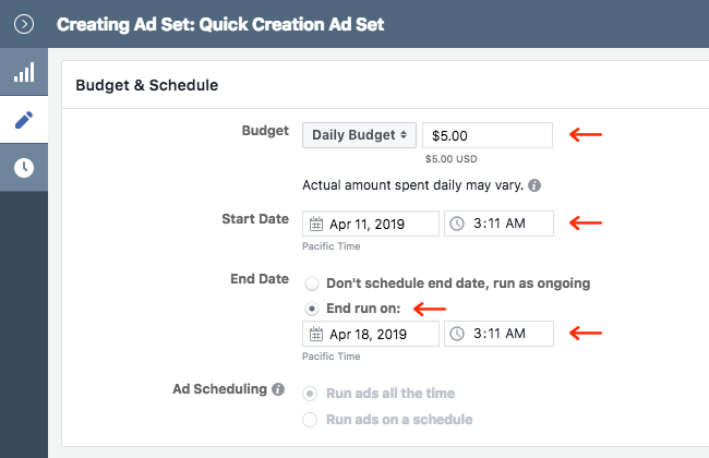 Facebook Ads - Business Manager - Ads Manager - Quick Creation - Edit - Creating Ad Set - Budget and Schedule - Daily Budget - Start and End Date
