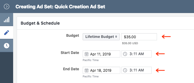 Facebook Ads - Business Manager - Ads Manager - Quick Creation - Edit - Creating Ad Set - Budget and Schedule - Lifetime Budget - Start and End Date