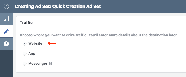 Facebook Ads - Business Manager - Ads Manager - Quick Creation - Edit - Creating Ad Set - Objective - Traffic - Destination - Website