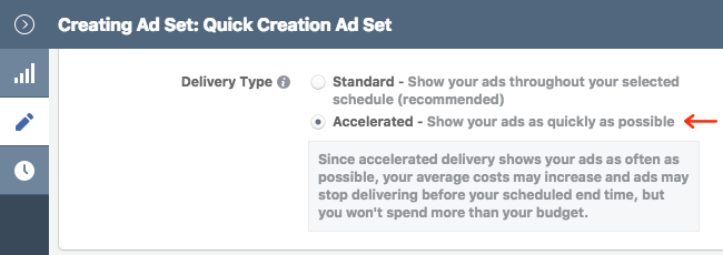 Facebook Ads - Business Manager - Ads Manager - Quick Creation - Edit - Creating Ad Set - Optimization and Delivery - Delivery Type - Accelerated