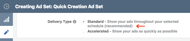 Facebook Ads - Business Manager - Ads Manager - Quick Creation - Edit - Creating Ad Set - Optimization and Delivery - Delivery Type - Standard