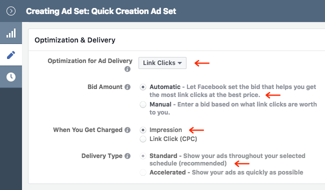 Facebook Ads - Business Manager - Ads Manager - Quick Creation - Edit - Creating Ad Set - Optimization and Delivery - Optimization - Link Clicks