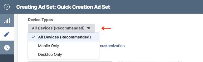 Facebook Ads - Business Manager - Ads Manager - Quick Creation - Edit - Creating Ad Set - Placement - Edit Placements - Device Types - Expanded - All Devices Highlighted