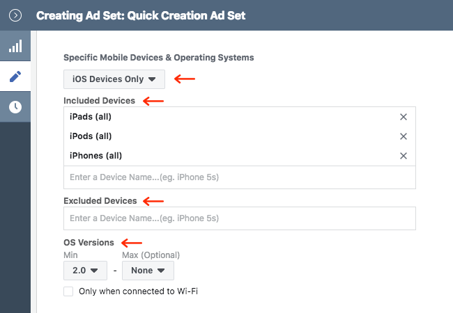 Facebook Ads - Business Manager - Ads Manager - Quick Creation - Edit - Creating Ad Set - Placement - Edit Placements - Specific Devices - iOS - Exclude