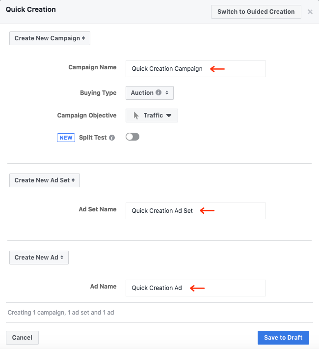 Facebook Ads - Business Manager - Ads Manager - Quick Creation - Form Filled
