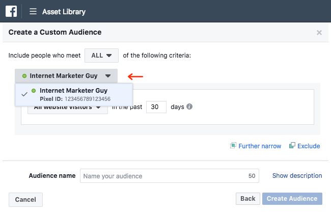 Facebook Ads - Business Manager - Asset Library - Audiences - Create a Custom Audience - Website Traffic - All - Pixel Options Expanded
