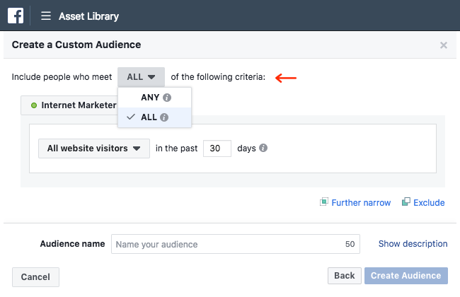 Facebook Ads - Business Manager - Asset Library - Audiences - Create a Custom Audience - Website Traffic - Condition Options Expanded - All Highlighted