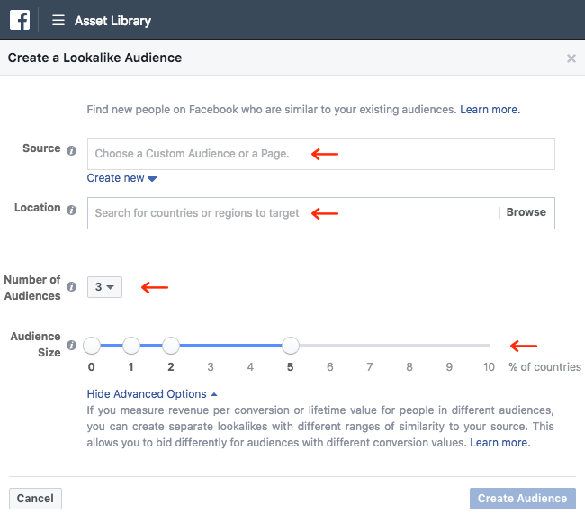 Facebook Ads - Business Manager - Asset Library - Audiences - Create a Lookalike Audience - Multiple Audiences
