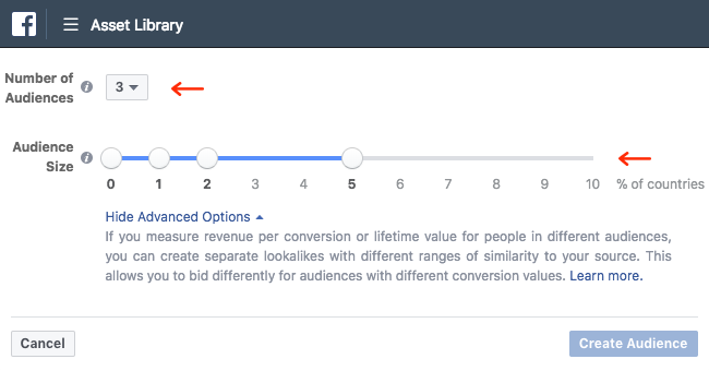 Facebook Ads - Business Manager - Asset Library - Audiences - Create a Lookalike Audience - Multiple Audiences - Audience Size
