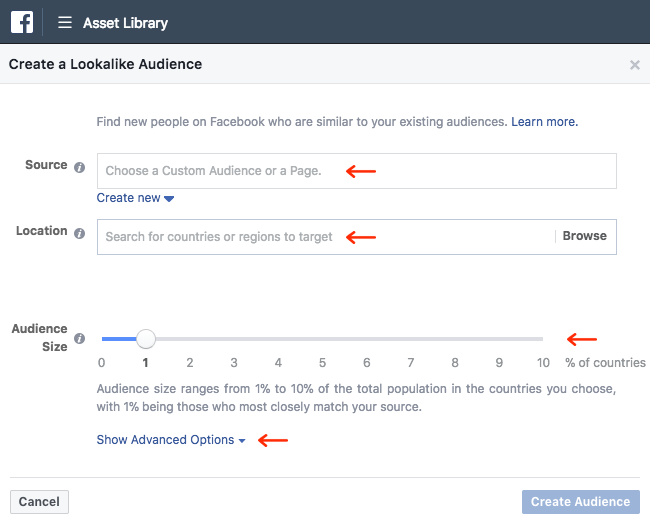 Facebook Ads - Business Manager - Asset Library - Audiences - Create a Lookalike Audience - Single Audience