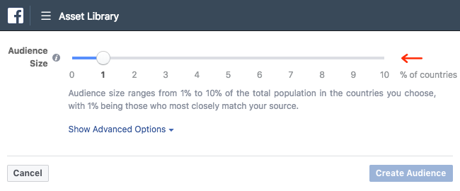 Facebook Ads - Business Manager - Asset Library - Audiences - Create a Lookalike Audience - Single Audience - Audience Size