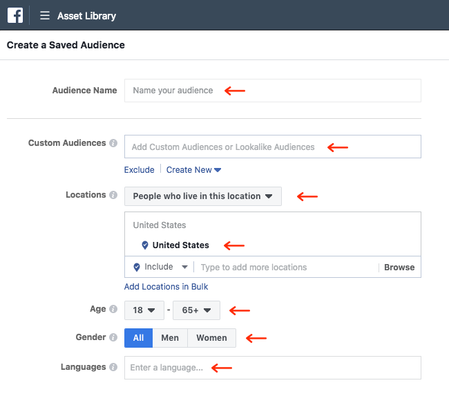 Facebook Ads - Business Manager - Asset Library - Audiences - Create a Saved Audience