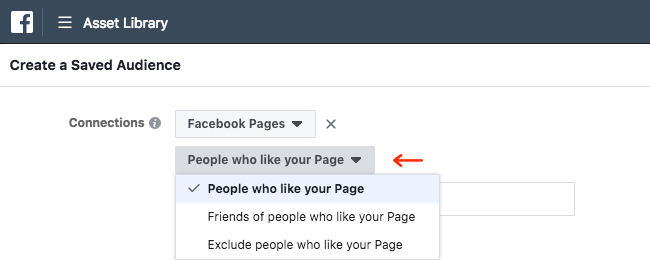 Facebook Ads - Business Manager - Asset Library - Audiences - Create a Saved Audience - Connections - Facebook Pages - Expanded