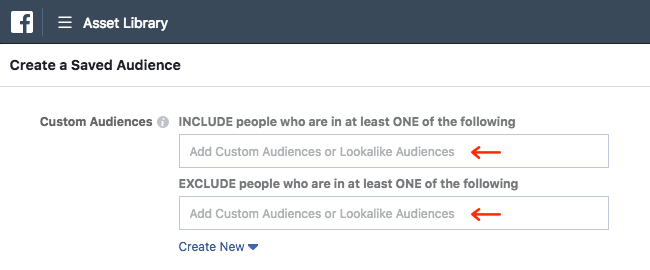 Facebook Ads - Business Manager - Asset Library - Audiences - Create a Saved Audience - Custom Audiences - Expanded