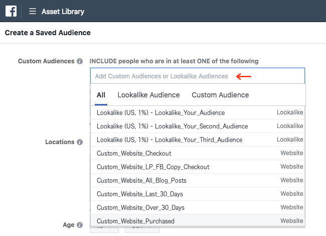 Facebook Ads - Business Manager - Asset Library - Audiences - Create a Saved Audience - Custom Audiences - Expanded - Include Expanded