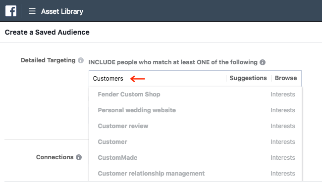 Facebook Ads - Business Manager - Asset Library - Audiences - Create a Saved Audience - Detailed Targeting - Expanded - Suggestions Expanded
